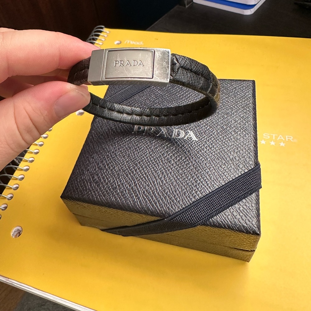 Prada Mens Braided Saffiano Leather Bracelet